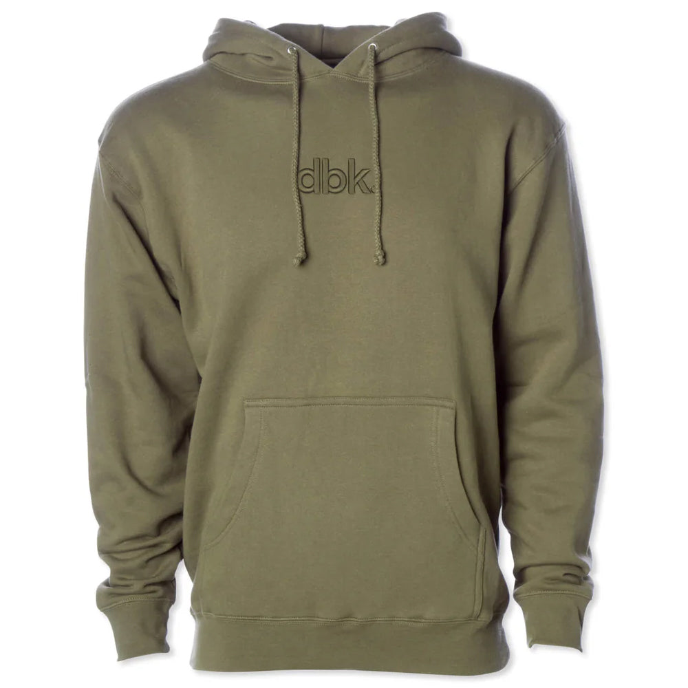 Green hoodie with 'dbk' logo on a white background