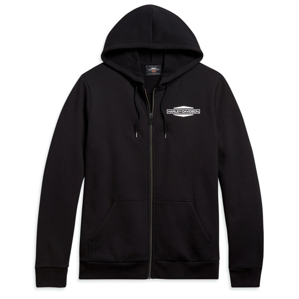Black hoodie with a logo on the chest against a white background