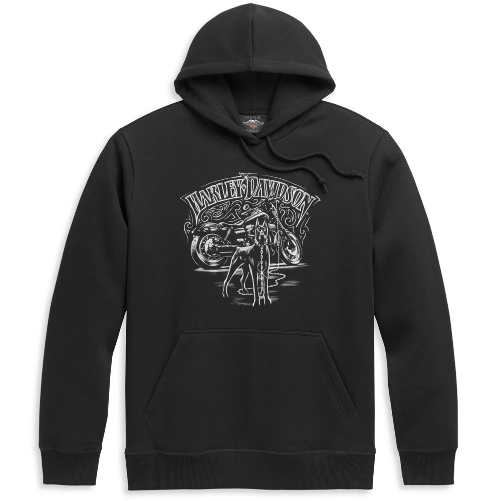 Black hoodie with a graphic design on a white background