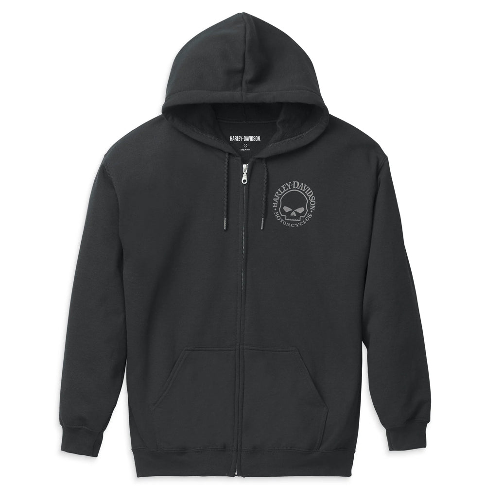 Black hoodie with a logo on the chest against a white background