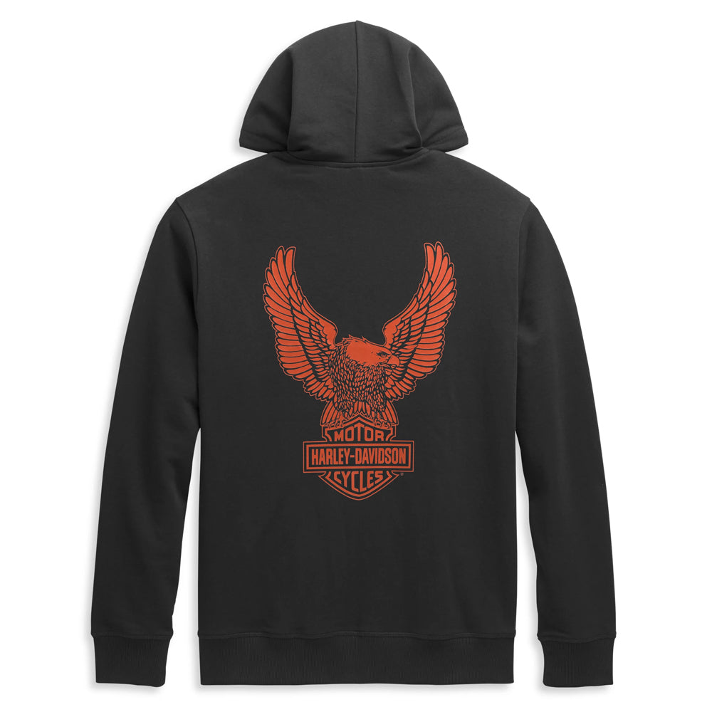 Black hoodie with red eagle and 'Harley-Davidson' logo on the back against a white background