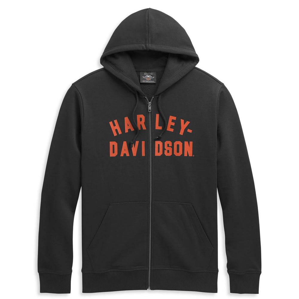 Black hoodie with red 'Harley Davidson' text on a white background
