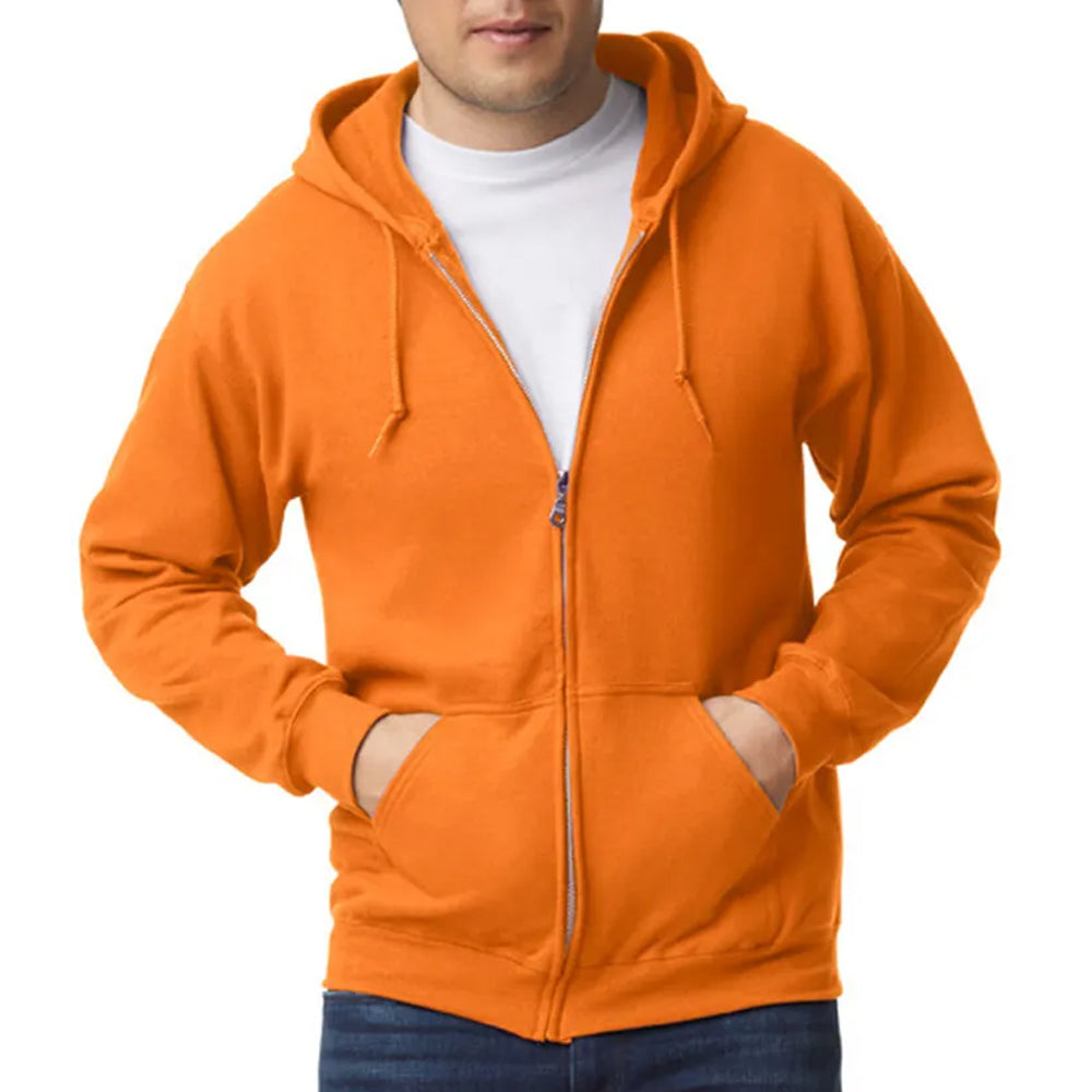 Orange hoodie worn by a person on a white background