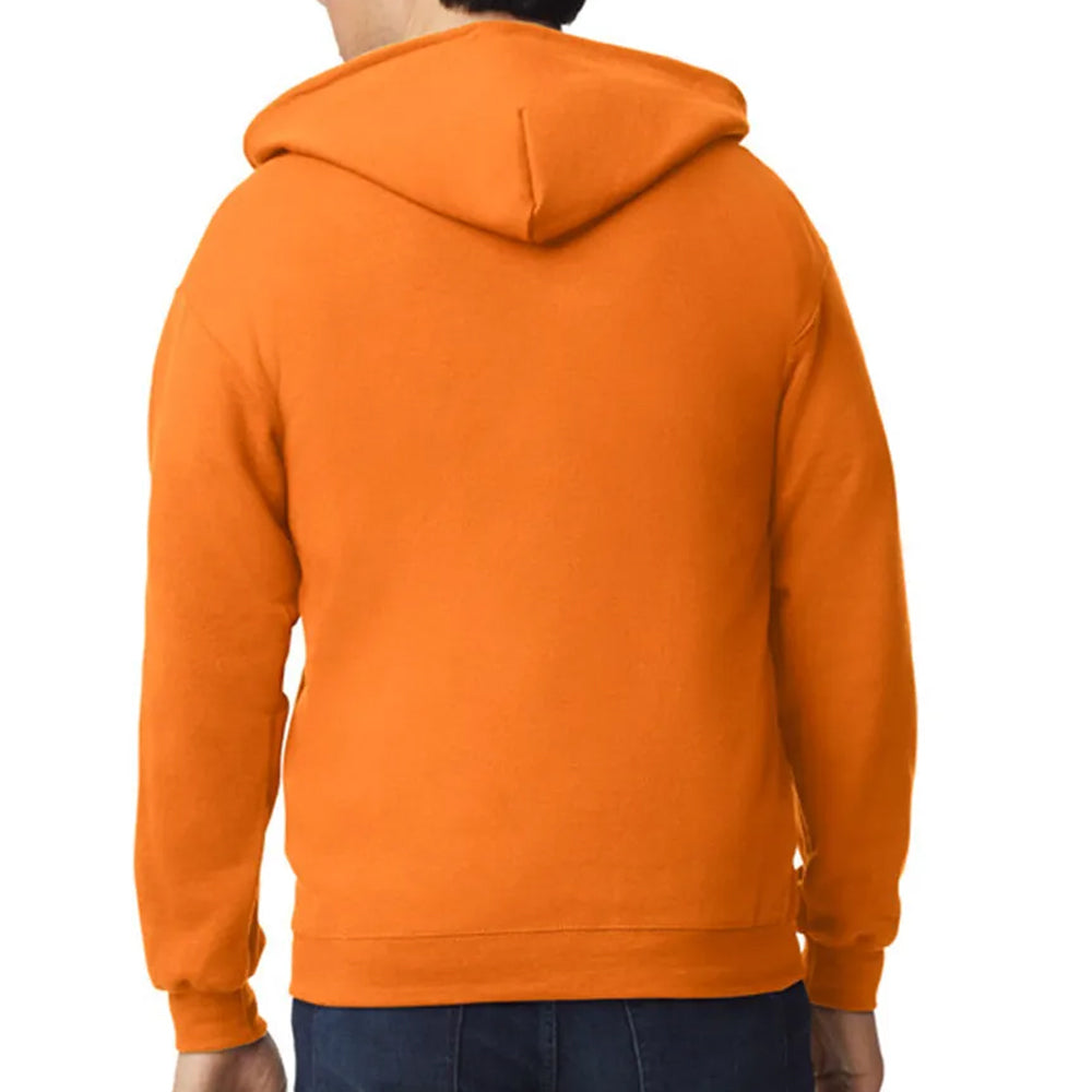 Orange hoodie worn by a person on a white background