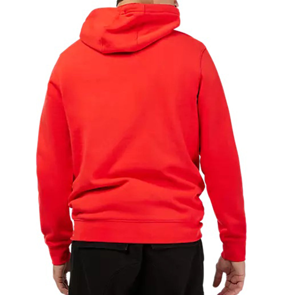 Red hoodie worn by a person on a white background