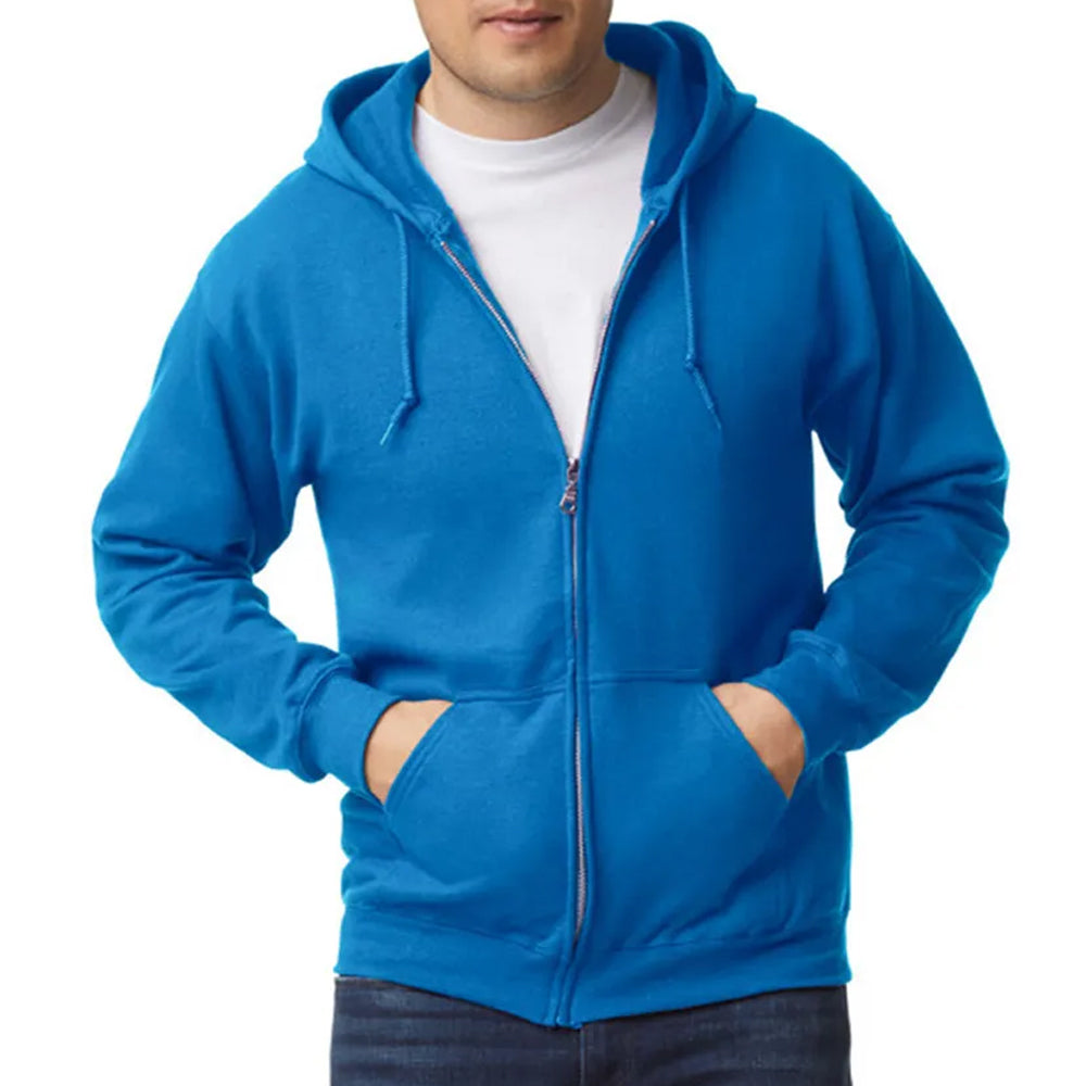 Blue hoodie worn by a person on a white background