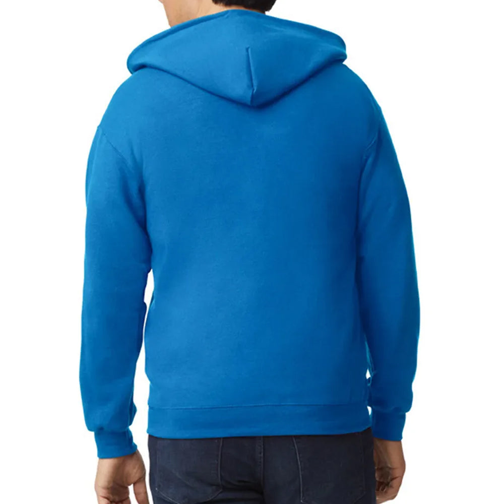 Blue hoodie worn by a person on a white background