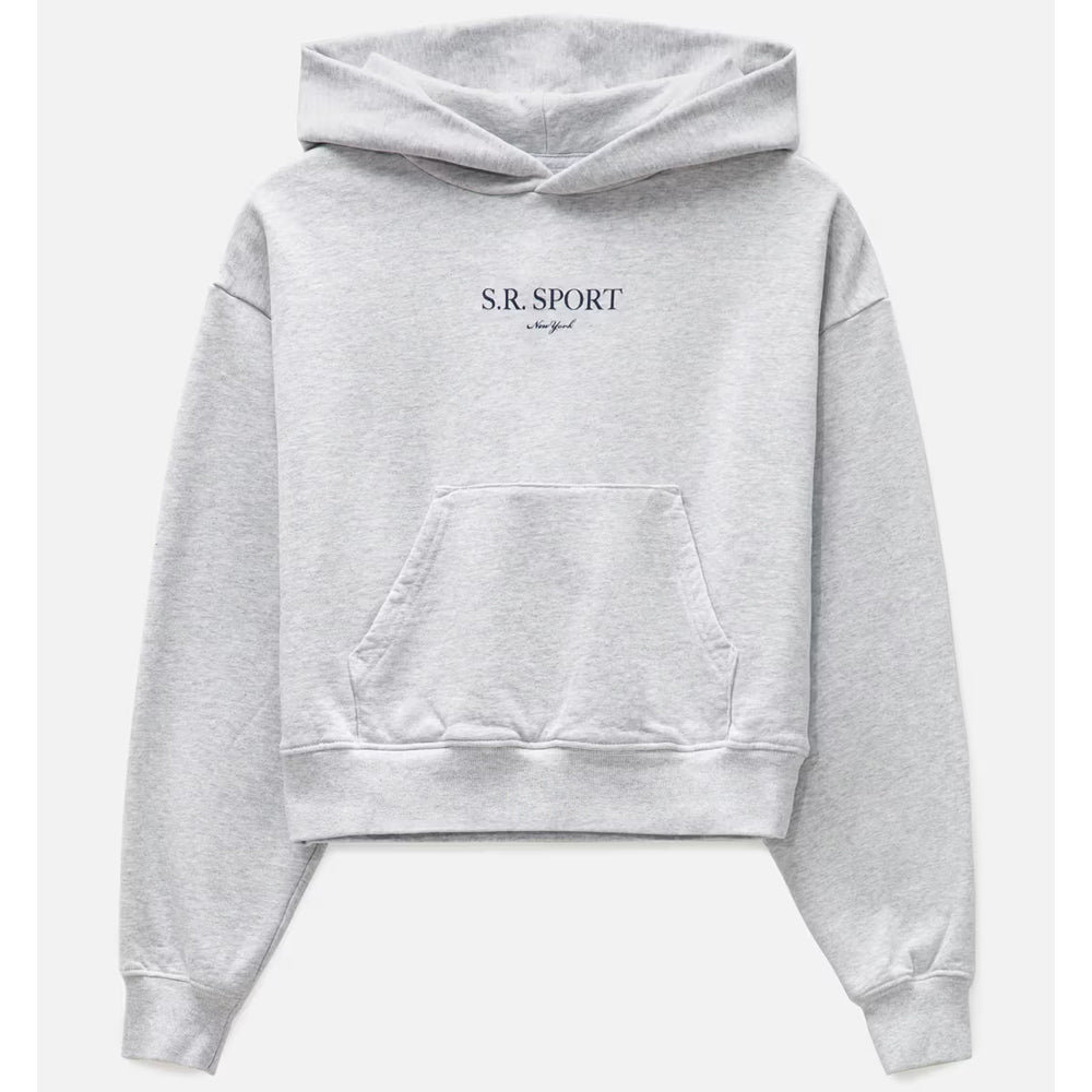 Gray hoodie with 'S.R. Sport' logo on a white background