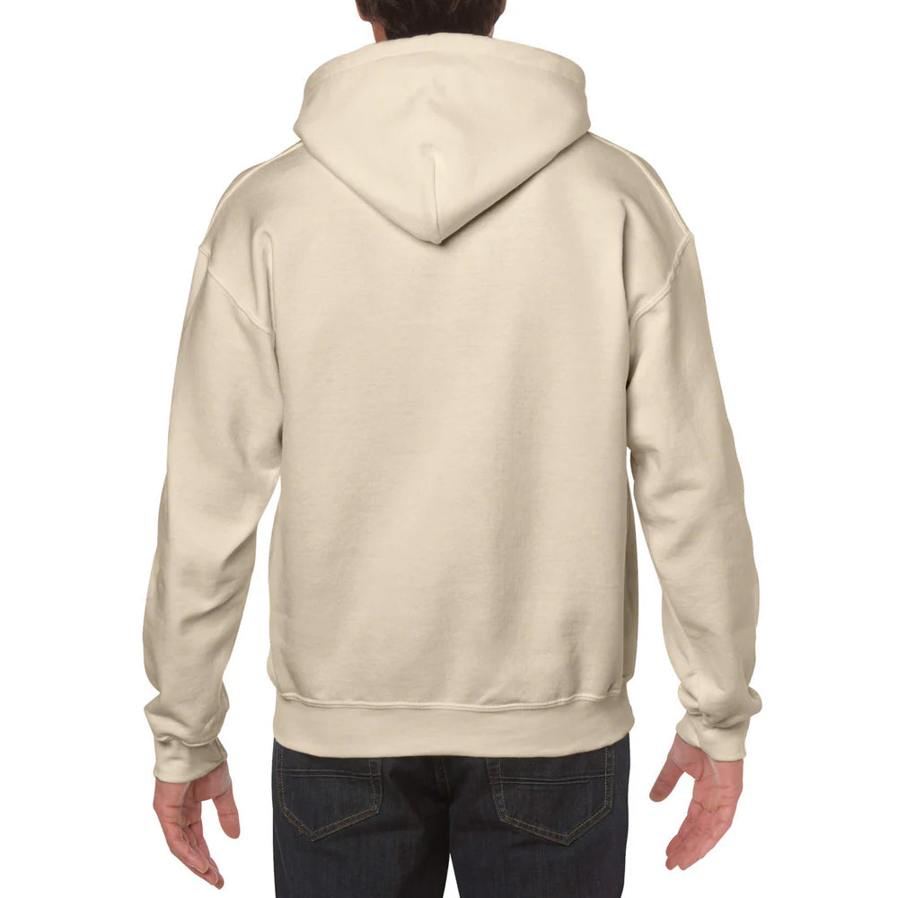 Beige hoodie worn by a person on a white background