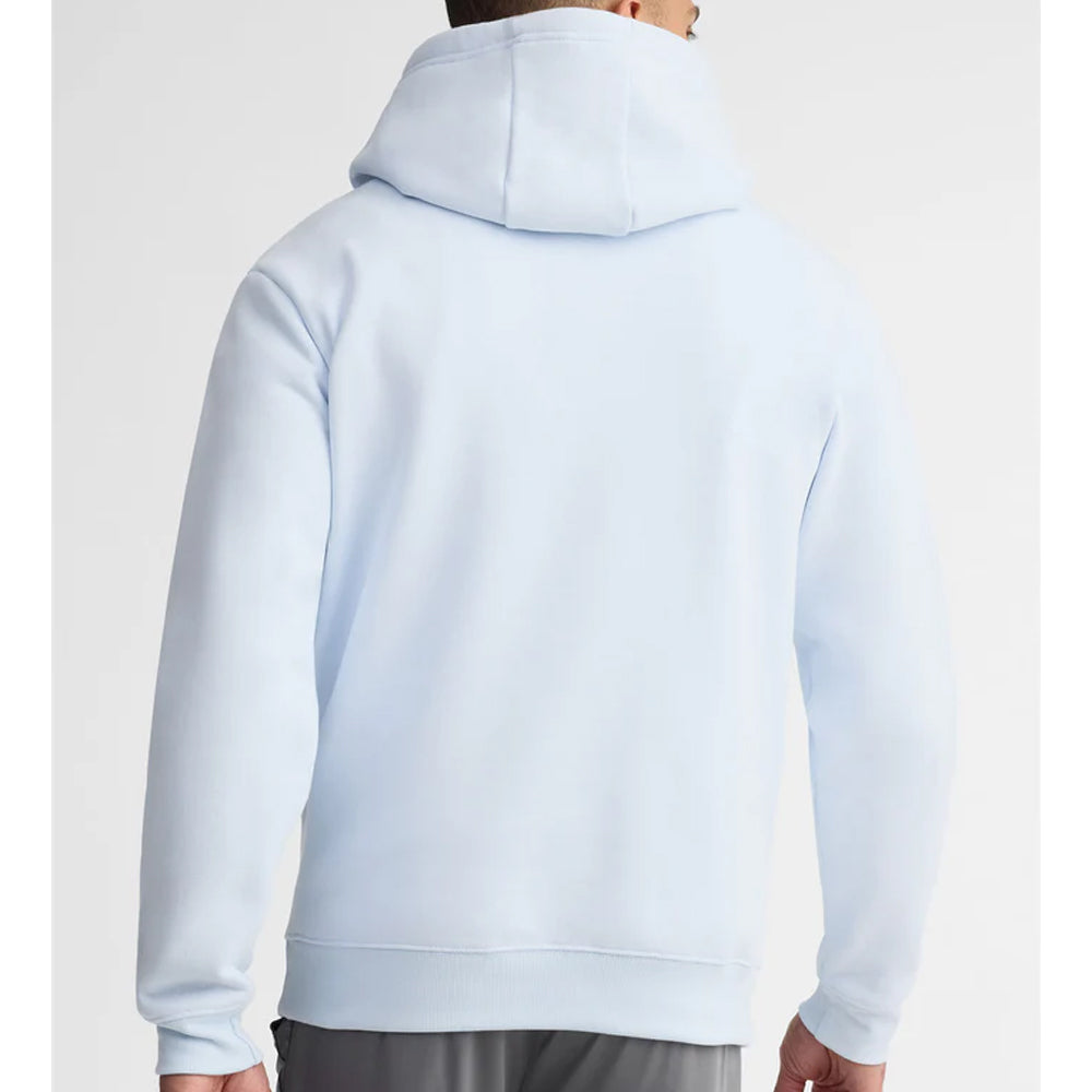 Light blue hoodie worn by a person on a white background