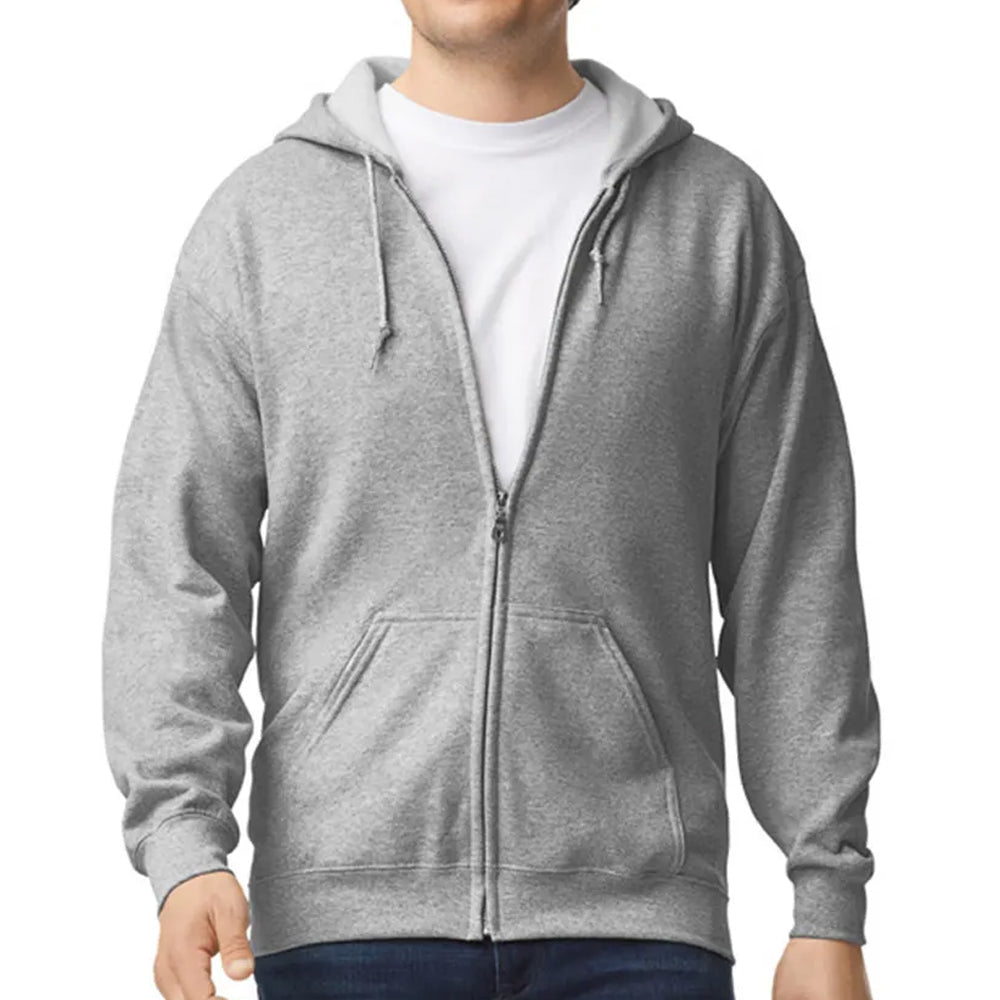 Gray hoodie worn by a person on a white background