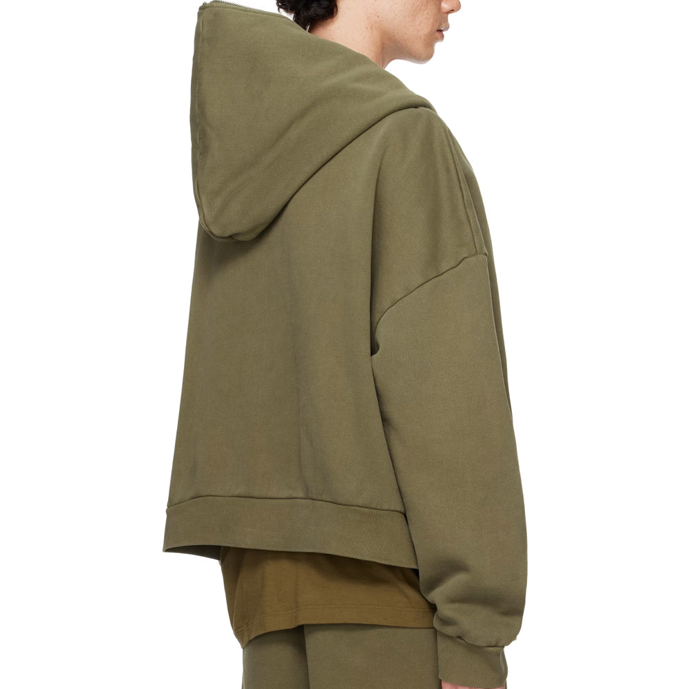 Person wearing a green hoodie on a white background