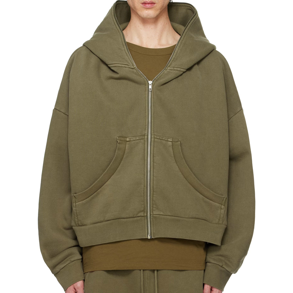 Green hoodie with a zipper on a white background