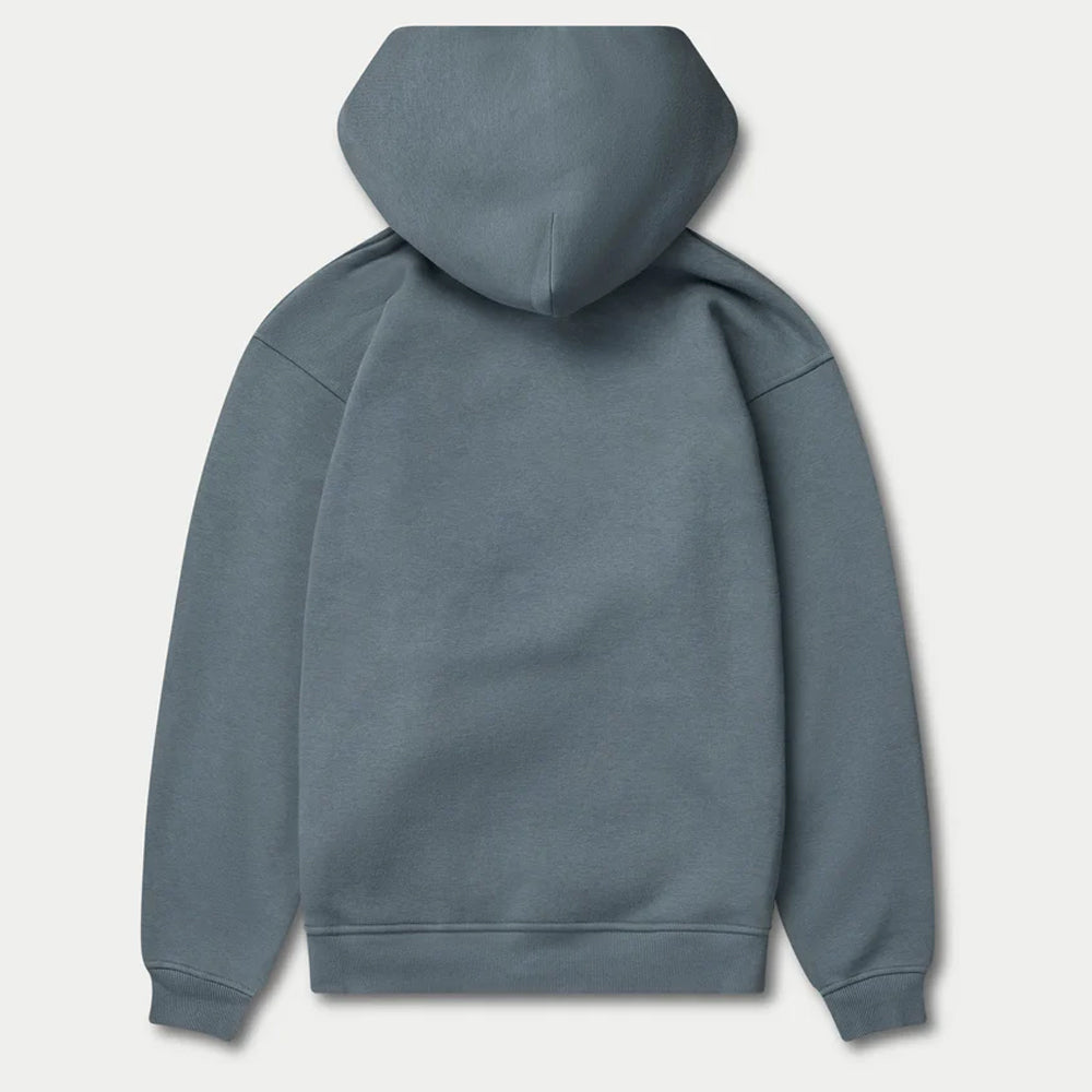 Blue hoodie shown from the back on a light gray background
