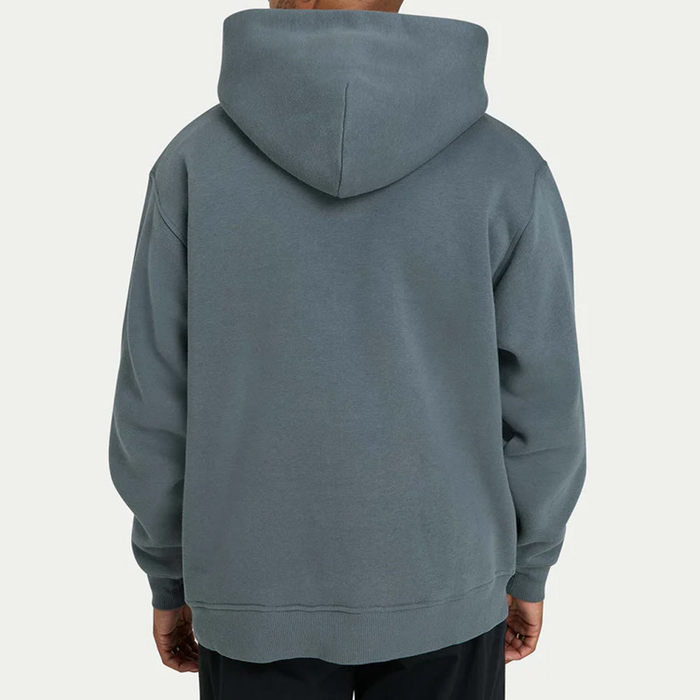 Back view of a person wearing a plain gray hoodie on a white background