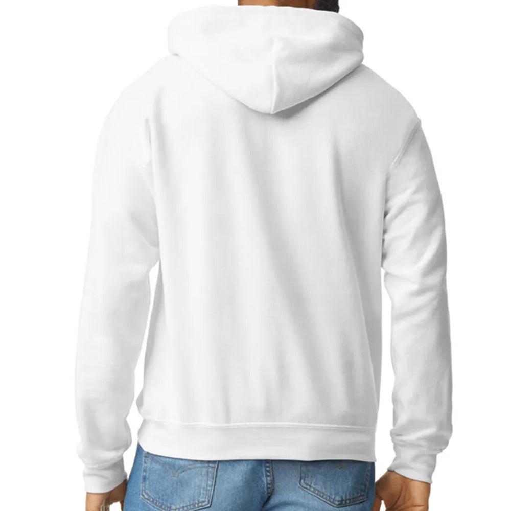 White hoodie worn by a person on a white background