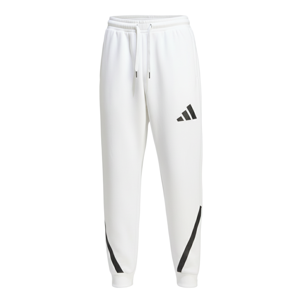 White Adidas tracksuit pants with black logo and stripes on a white background