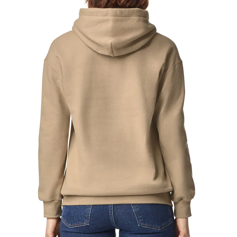 Beige hoodie worn by a person on a white background