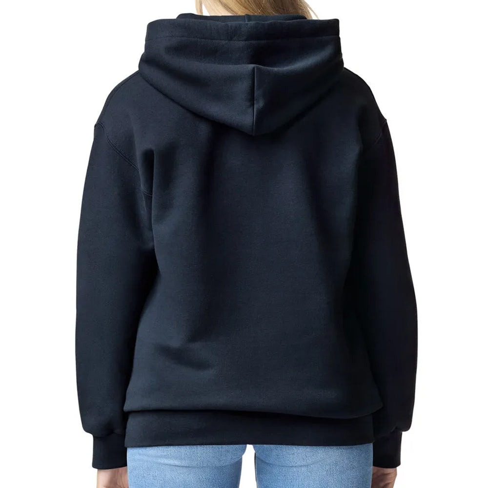 Black hoodie worn by a person on a white background