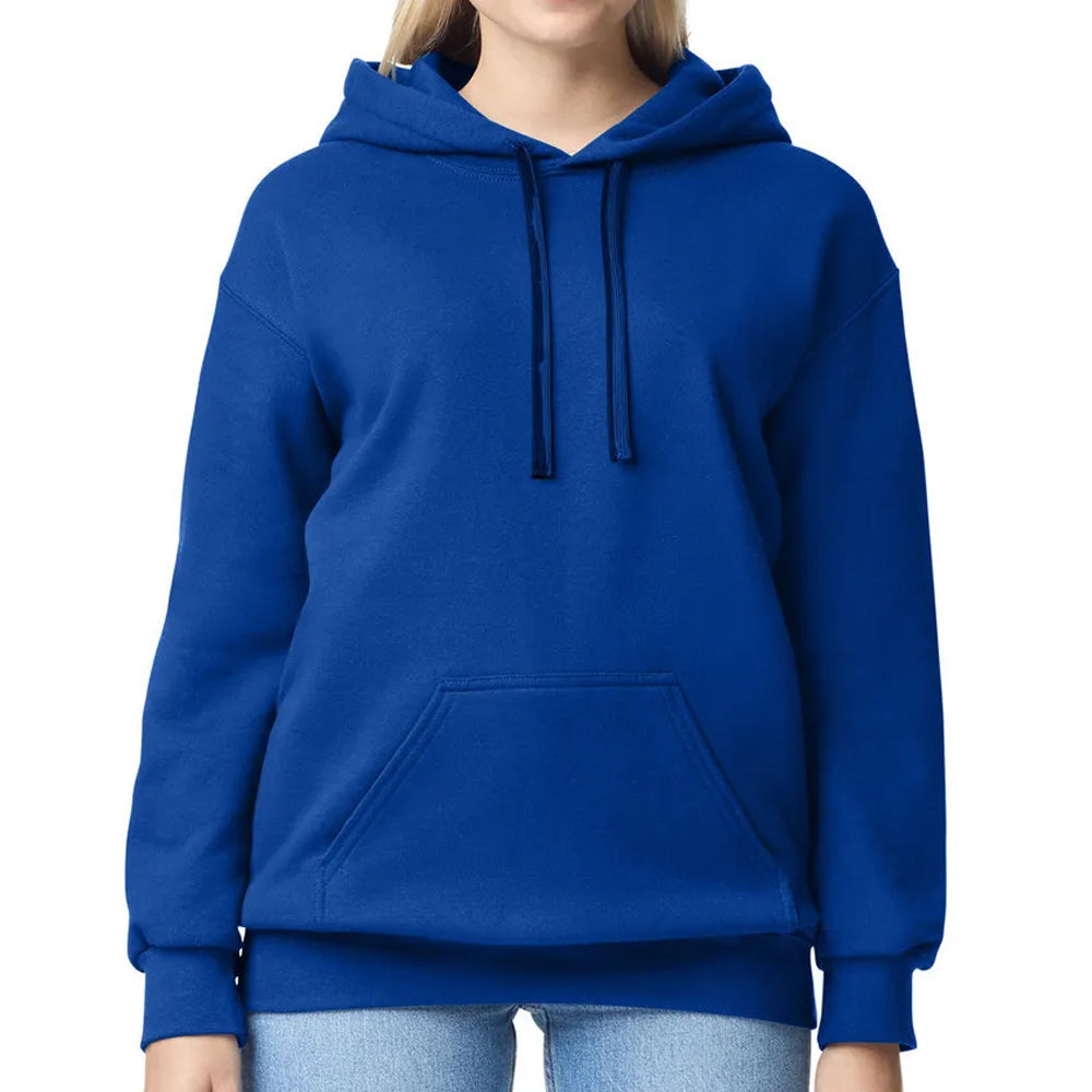 Blue hoodie worn by a person on a white background