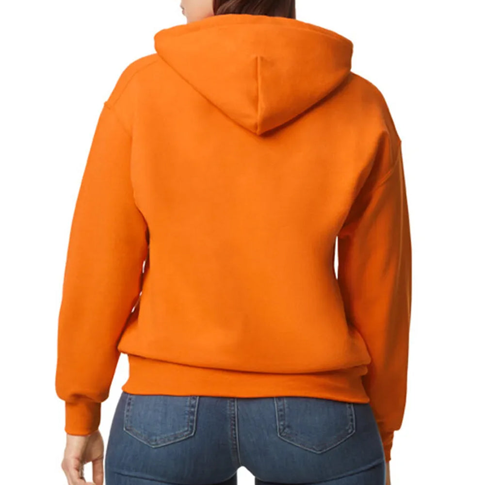 Orange hoodie worn by a person on a white background