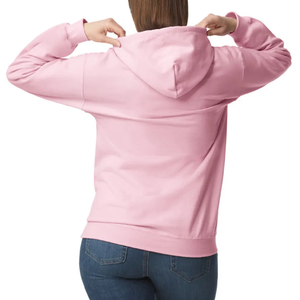 Person wearing a pink hoodie from behind on a white background
