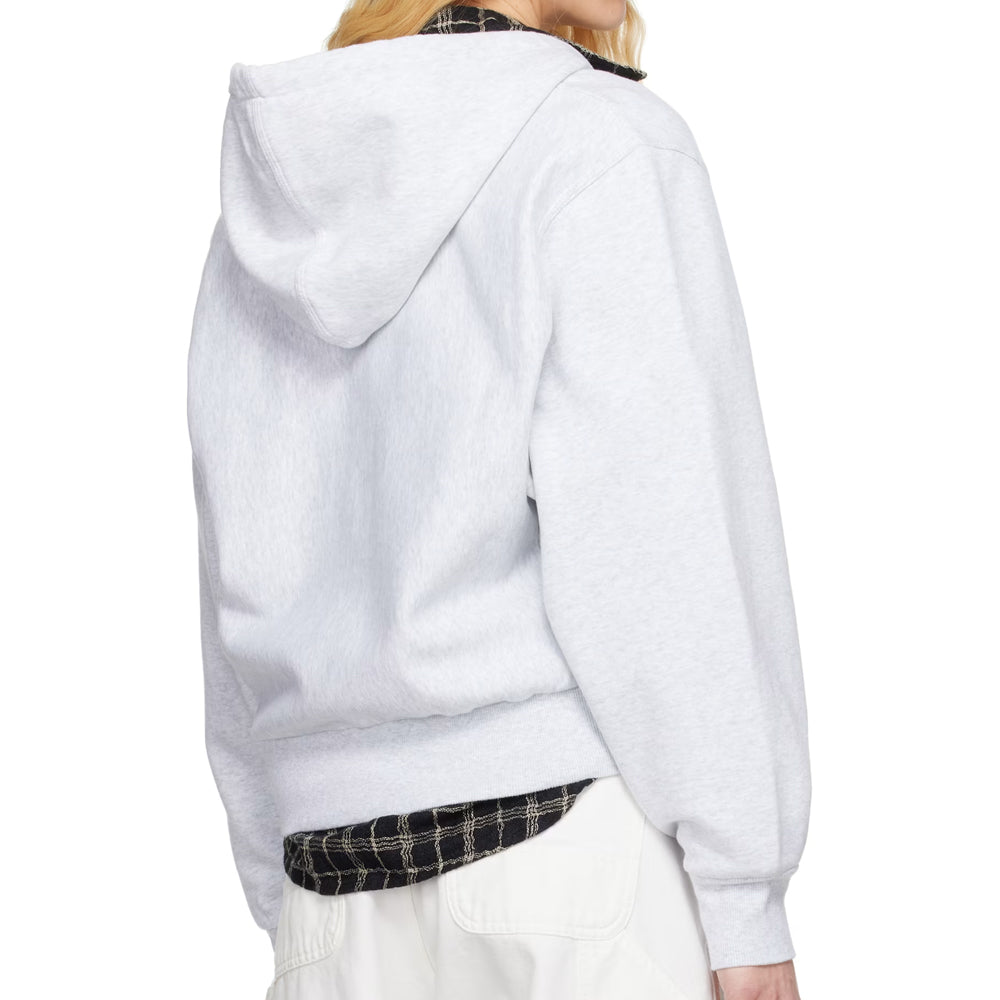 Person wearing a white hoodie with plaid lining on a white background