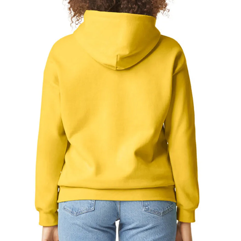 Yellow hoodie worn by a person on a white background