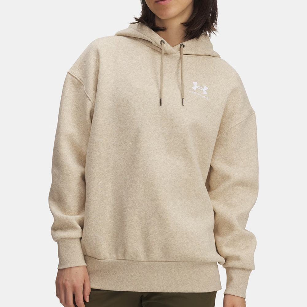 Beige hoodie with a brand logo on a white background