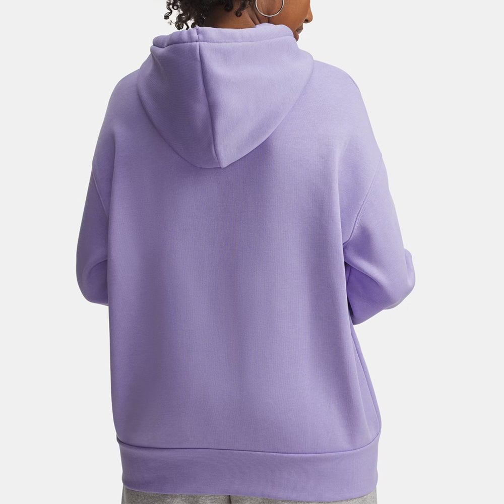 Person wearing a purple hoodie from behind on a white background
