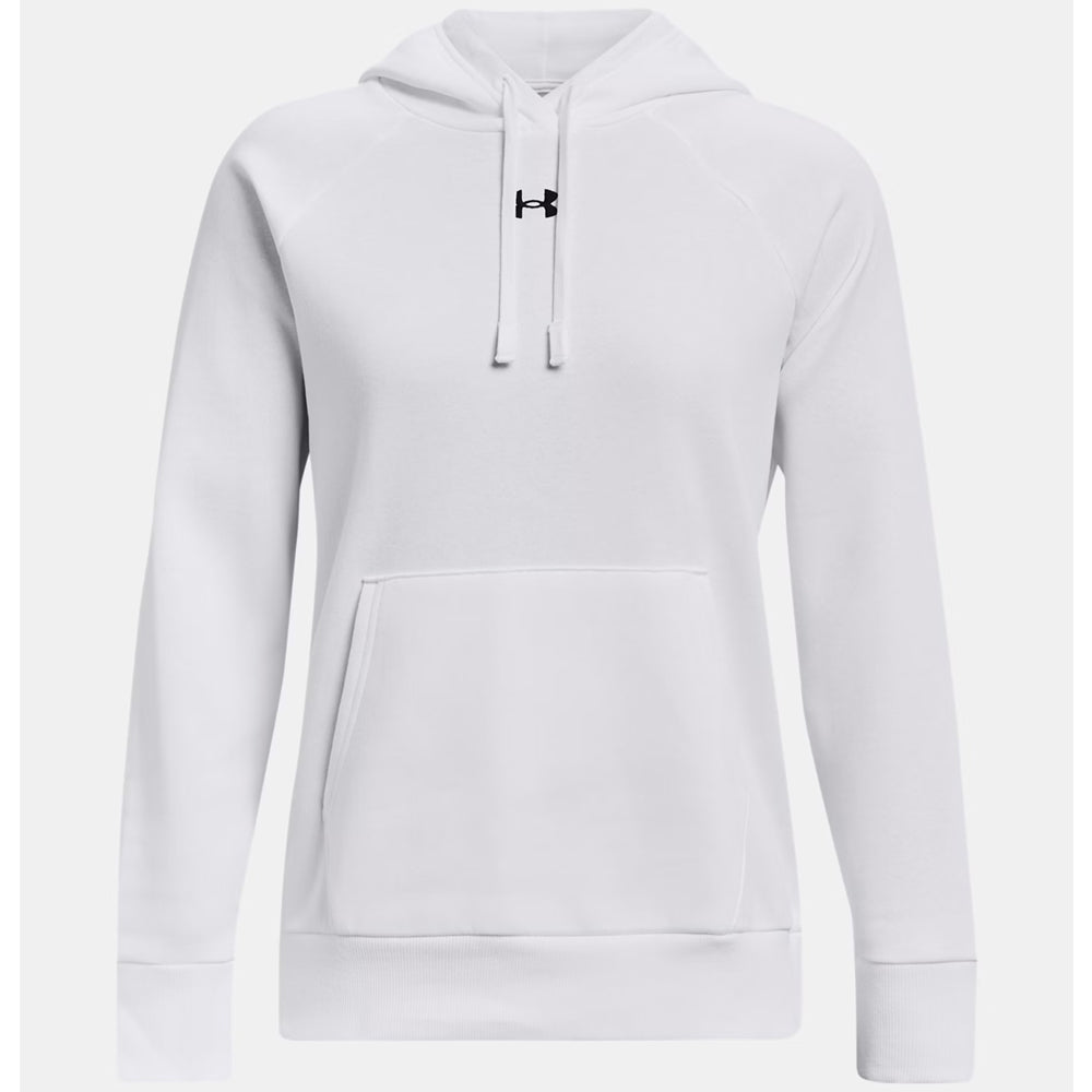 White hoodie with a brand logo on a white background