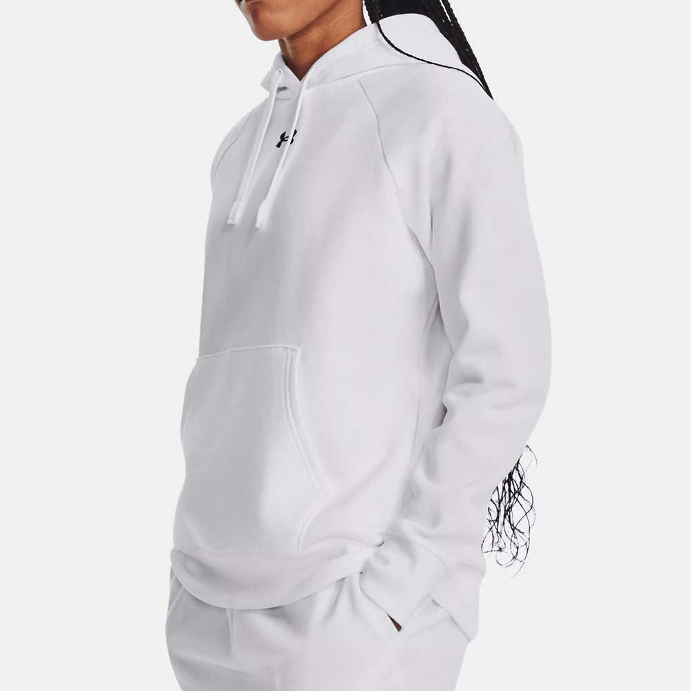 White hoodie with brand logo on a white background