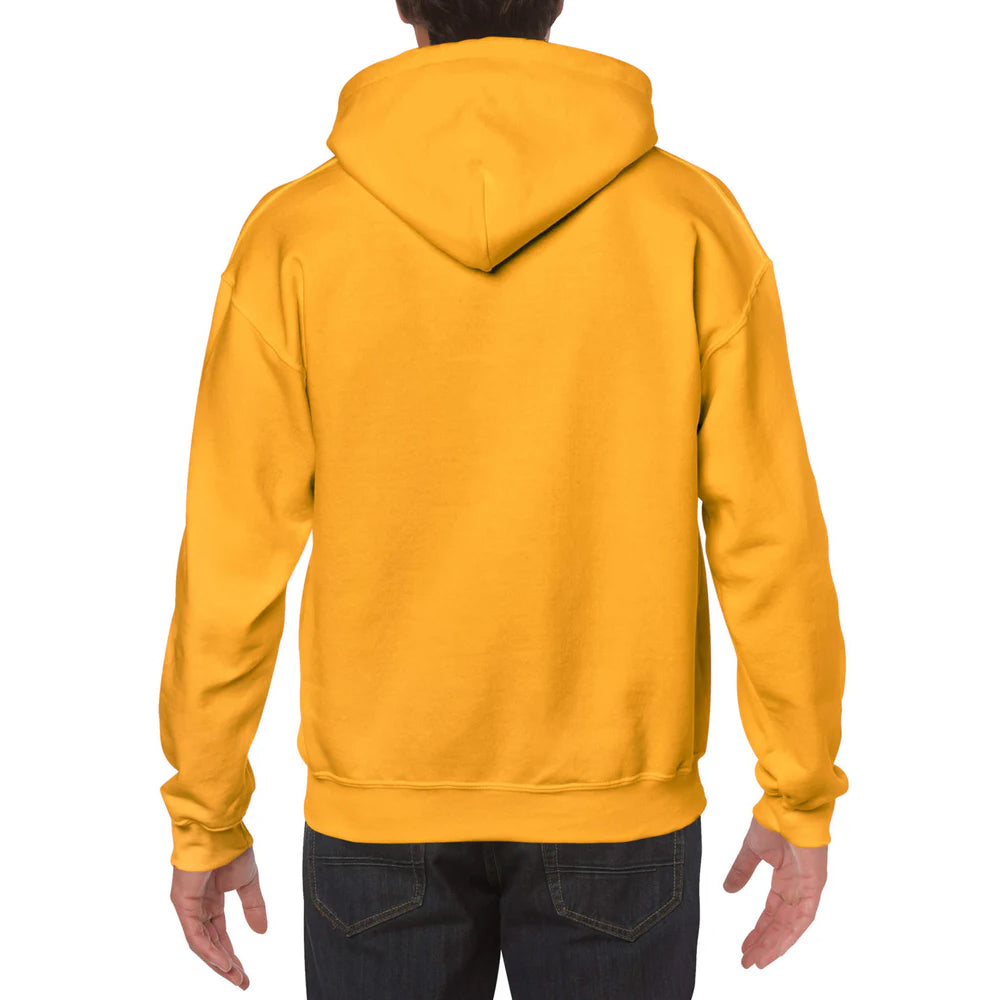 Yellow hoodie worn by a person on a white background