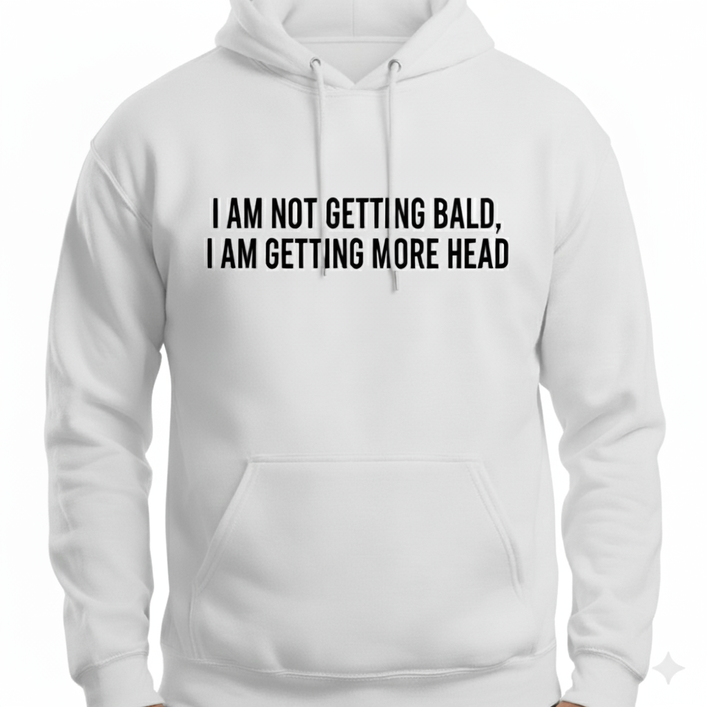 White hoodie with humorous text on a white background