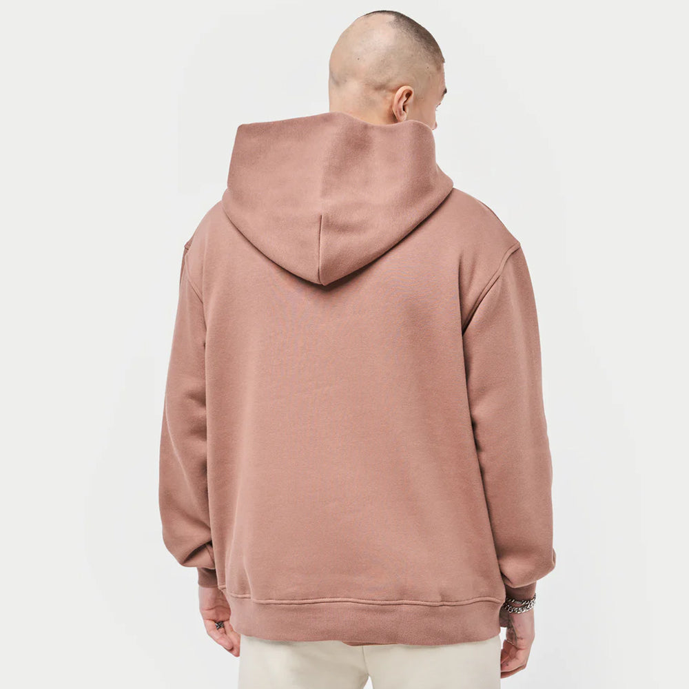 Person wearing a brown hoodie from behind on a white background