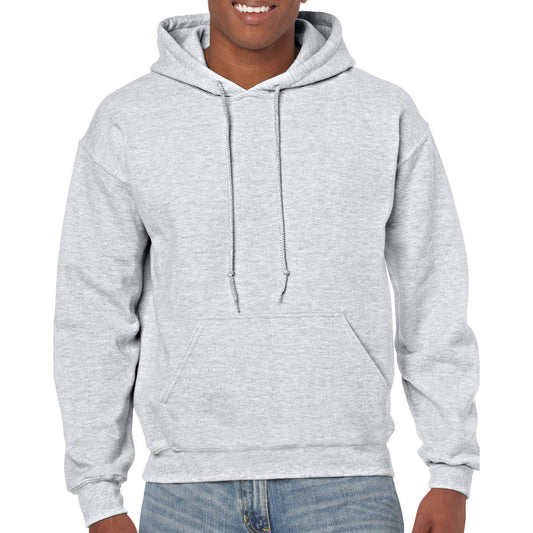 Gray hoodie worn by a person on a white background