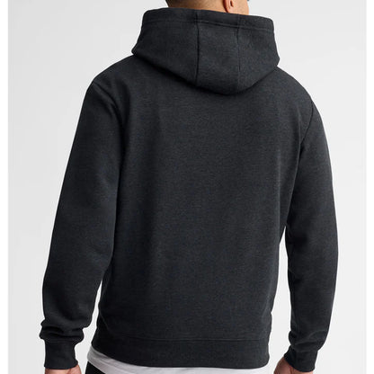 Black hoodie worn by a person on a white background