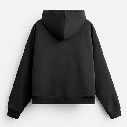 Black hoodie shown from the back on a light gray background