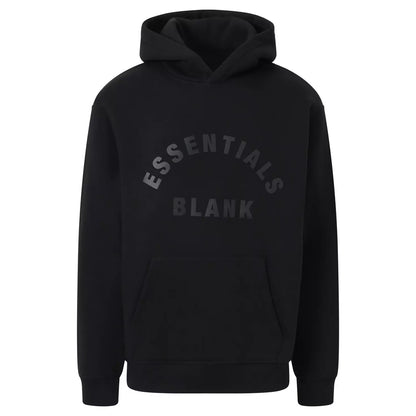 Black hoodie with 'ESSENTIALS BLANK' text on a white background
