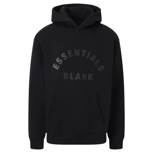 Black hoodie with 'ESSENTIALS BLANK' text on a white background