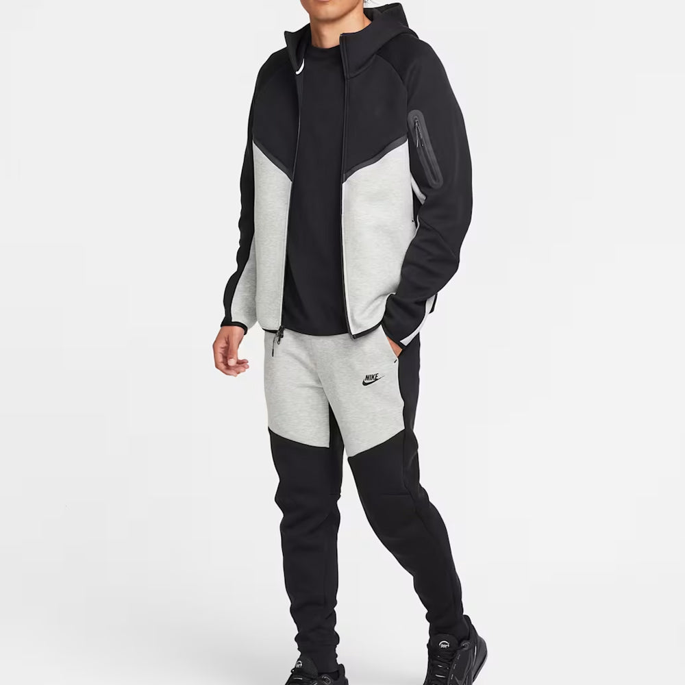 Black Grey Tech Fleece Full-Zip Hooded Track Suit-Coreflexind