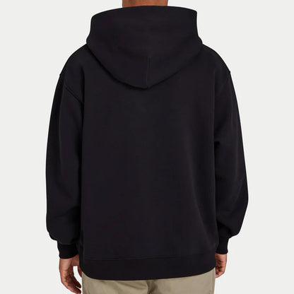 Black hoodie worn by a person on a light gray background