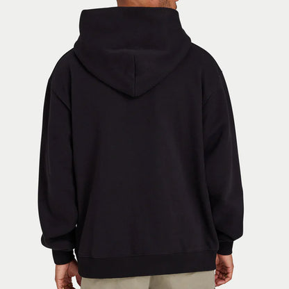 Black hoodie worn by a person on a white background