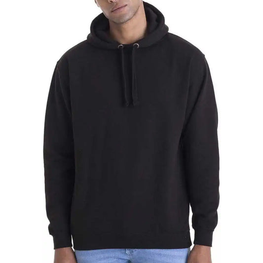 Black hoodie worn by a person on a white background