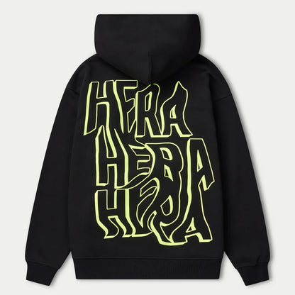 Black hoodie with yellow 'Hera' text on the back against a light gray background