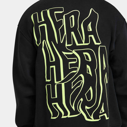 Black sweatshirt with 'HERA' printed in bright yellow on a white background