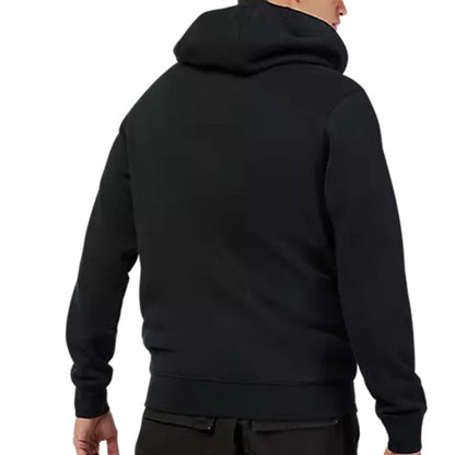Black hoodie worn by a person on a white background