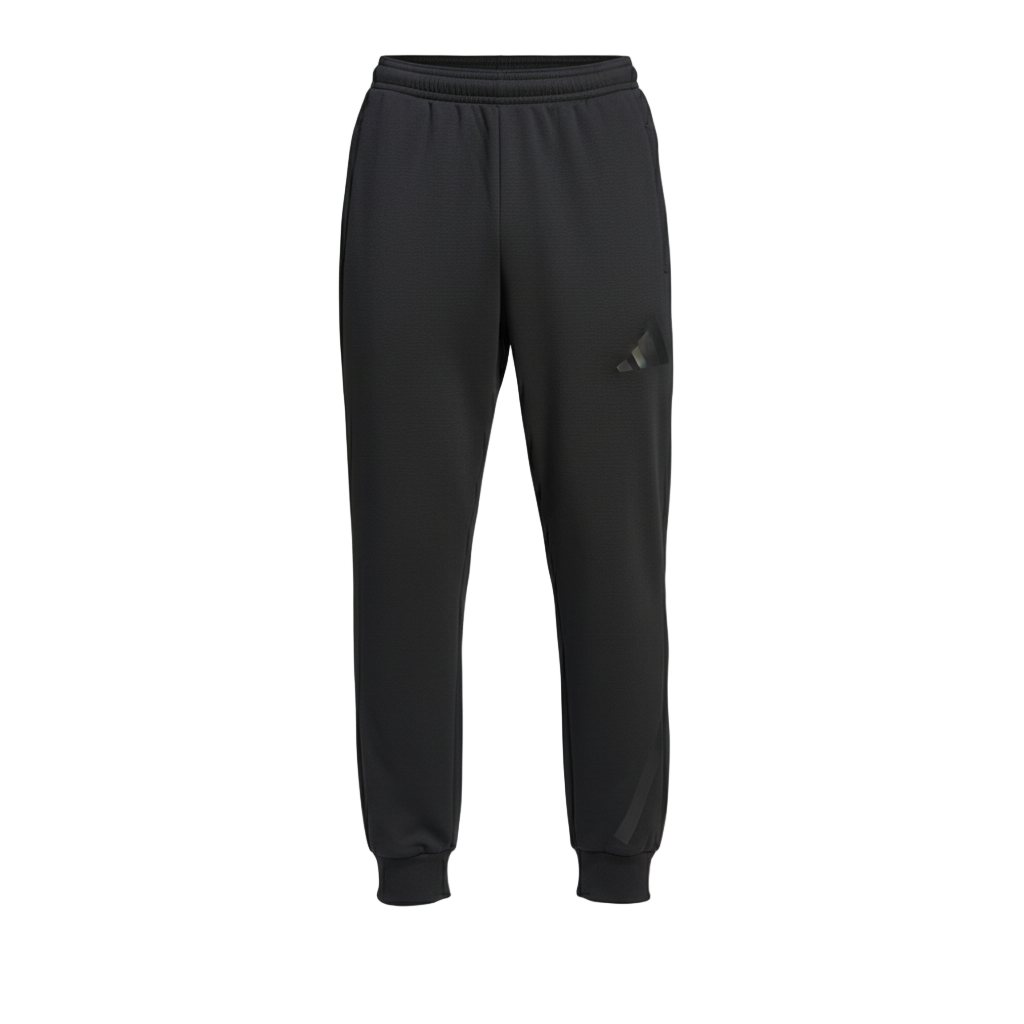 Black sweatpants with a brand logo on a white background
