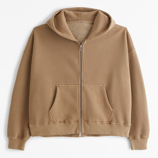 Brown hoodie with a zipper on a white background