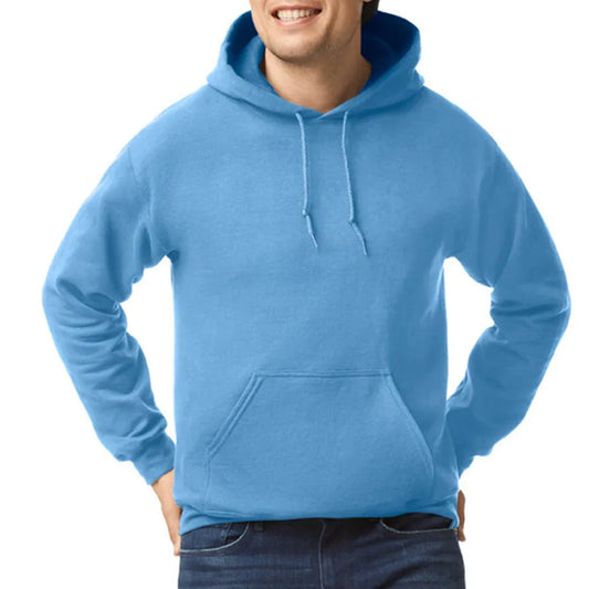 Person wearing a blue hoodie on a white background